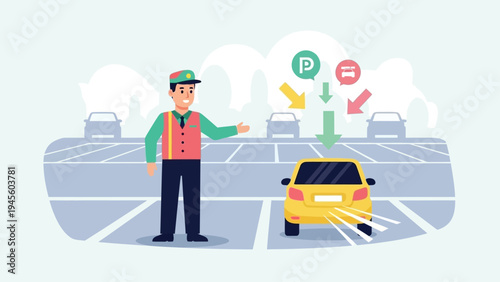 Parking Attendant Directing Car in a Parking Lot with Guidance Icons