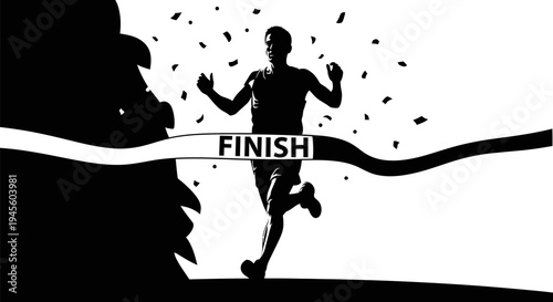 Silhouette of a Runner Breaking the Finish Line Tape.