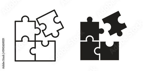 Puzzle pieces icon vector pack. Thin linear and black flat style.