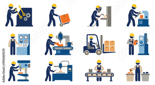Industrial workers operating heavy machinery and equipment, vector icons