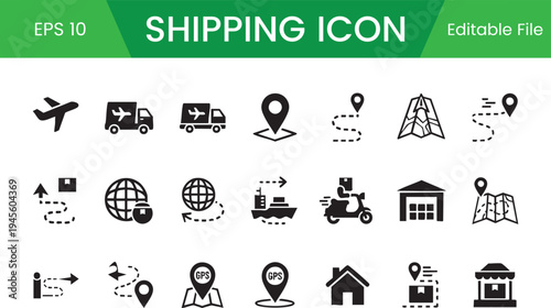 Global Shipping and Logistics Icon Set for Delivery Tracking and Navigation Management
