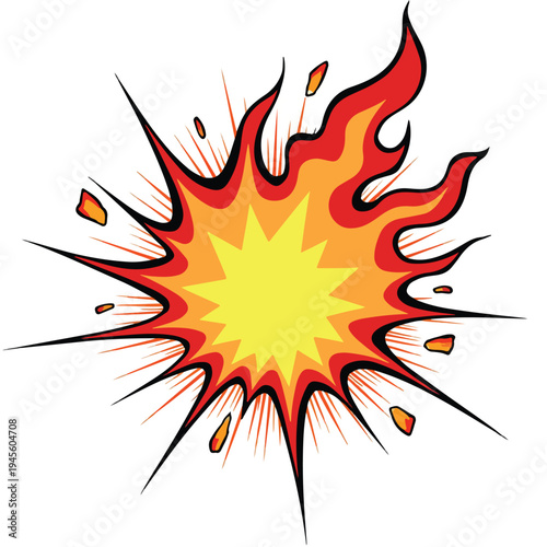 Vibrant cartoon explosion with flames.