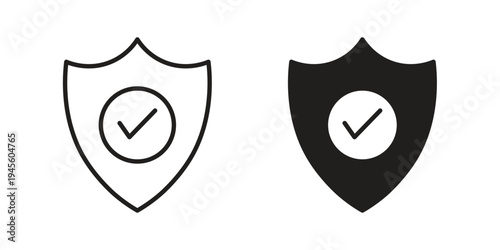 Shield check mark icon vector pack. Thin linear and black flat style.