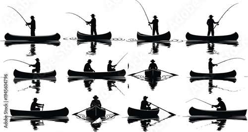 fishing silhouettes collection, fisherman in canoe, angling activity on lake, outdoor fishing sport, water reflection, boat fishing scene set