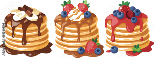 Delicious pancakes with chocolate fruits and syrup toppings sweet breakfast dessert food vector illustration