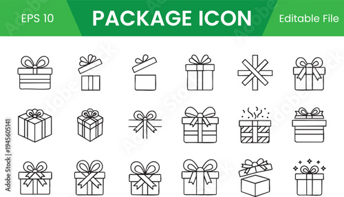 Gift Box Line Icon Set for Holiday Celebration Birthday Presents and E-commerce Rewards