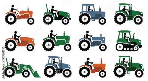 Tractor and farming equipment icons, agricultural vehicles, vector graphics