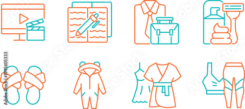 Color-separated outlines of various objects and scenes in a stylized illustration