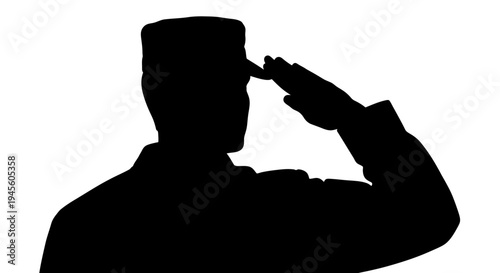 Silhouette of a Soldier Saluting in Uniform Against White Background.