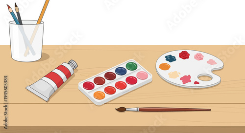 Art Supplies: Watercolor Paints, Brush, Pencils, and Palette for Creativity