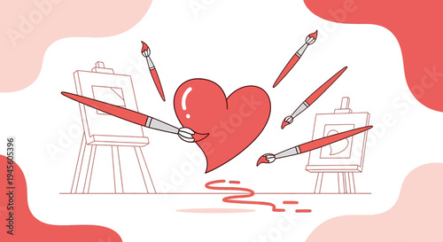 Artistic Heart Creation: Brushes Painting Love Symbol on Easels