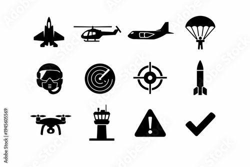 Silhouette icons: military aircraft, pilot, drone, and air traffic control symbols