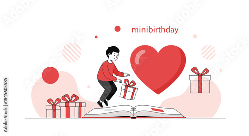Boy Giving Present to Heart Icon, Birthday Celebration, Minimalist Vector Art