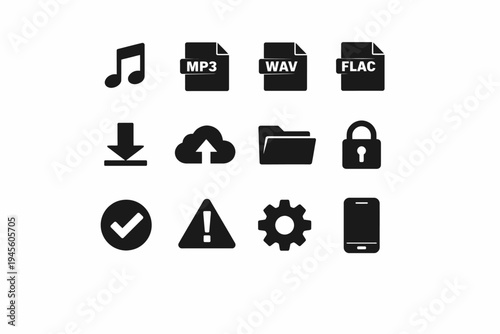 Music and file icons: mp3, wav, flac, download, cloud, folder, security