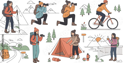 Outdoor Adventure People Set with Hiking Camping Photography and Cycling Activities Nature Travel Vector Illustration