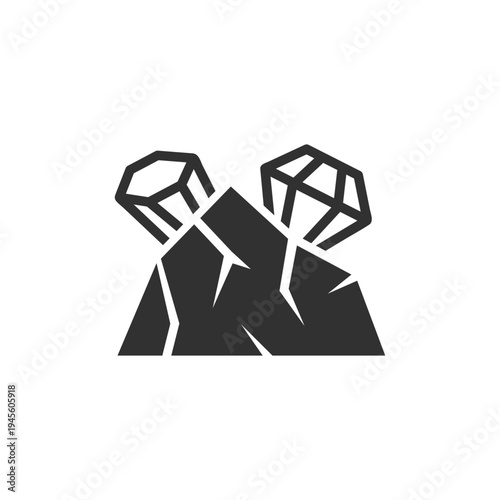 Crystal minerals in rock icon. Geological resources and gemstone mining concept. Monochrome black and white symbol