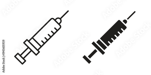 Syringe icon vector pack. Thin linear and black flat style.