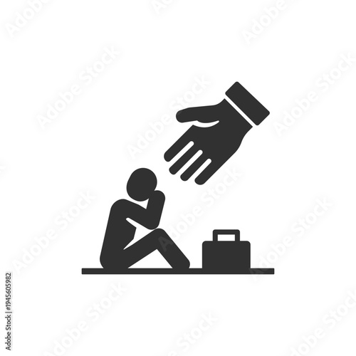 Hand helping seated person with briefcase icon. Assistance support and job opportunity concept. Monochrome black and white symbol