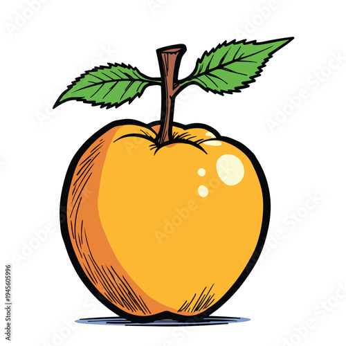 A vibrant yellow cartoon apple with green leaves.
