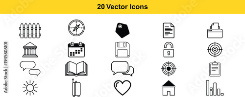 Collection of twenty distinct vector icons for various themes and functionalities Vector