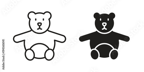 Teddy bear icon vector pack. Thin linear and black flat style.