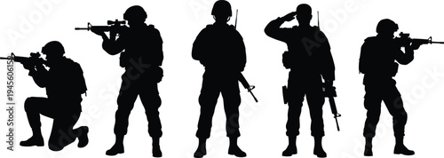Silhouettes of modern soldiers in full combat gear with rifles standing saluting and aiming in various tactical poses military vector illustration set.