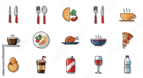 Isolated food and drink on white background food drink isolated white background flat colorful kitchen utensils