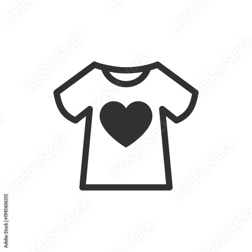 T shirt with heart icon. Charity clothing and support merchandise. Monochrome black and white symbol