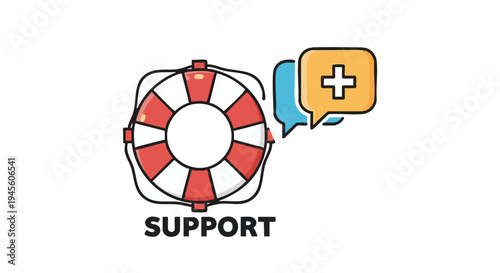 Red and white life preserver with support text and medical cross symbol