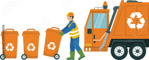 Municipal waste collection workers loading recycling bins into garbage truck environmental sanitation service vector illustration