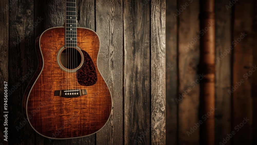 Fototapeta premium Guitar mounted on timber wall