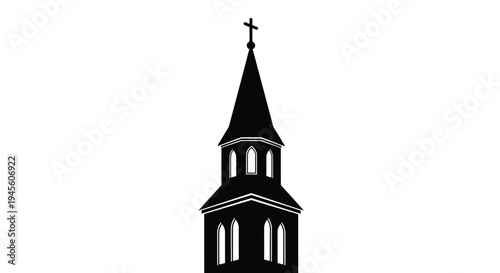 A striking black church steeple against a white background silhouette