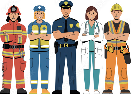 Diverse group of essential workers and first responders in uniform healthcare safety emergency service vector illustration