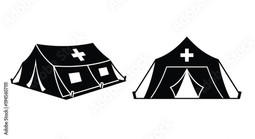 Two medical tents depicted in a stark black silhouette