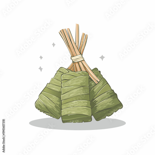 Traditional Asian sticky rice cakes in natural leaf packaging illustration.