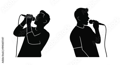 Two male singers performing with microphones a striking black silhouette