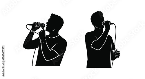 Two male singers performing with microphones a striking silhouette