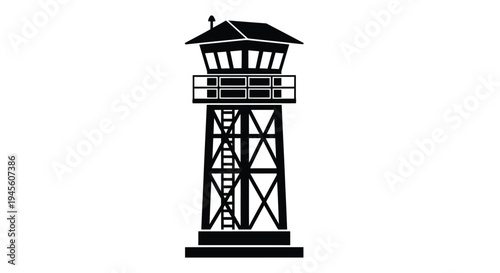 A stark black watchtower illustration against a white background silhouette