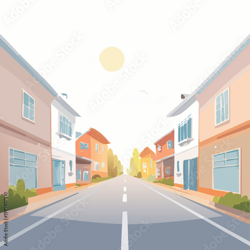 A quaint suburban street with colorful houses and trees.