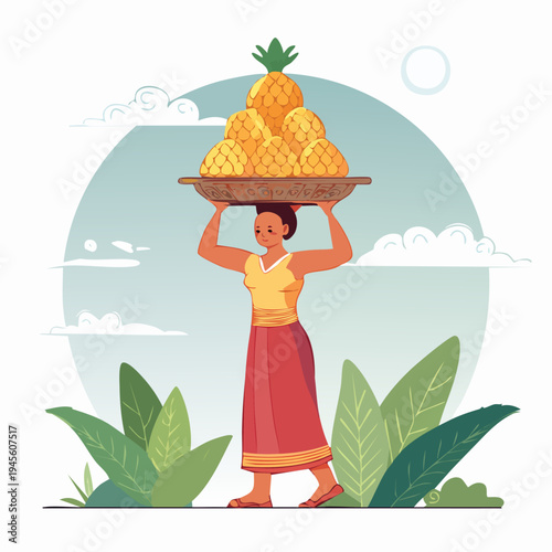 Woman carrying a basket of pineapples on her head