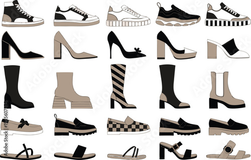 A collection of various stylish shoes and sandals in neutral colors