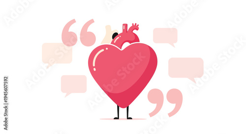 Cartoon Heart Character with Speech Bubbles and Quotation Marks