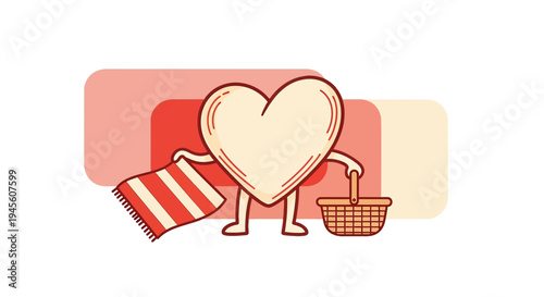 Cartoon Heart Character with Picnic Basket and Blanket