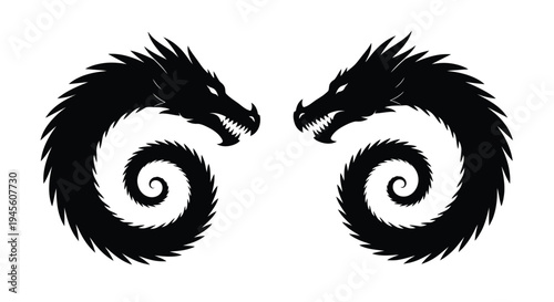 Two facing dragons with swirling tails a dramatic black silhouette