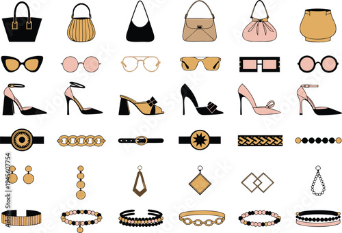 A collection of fashion accessories including handbags and jewelry