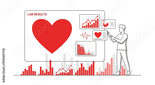 Cardiology analysis with heart icon and charts on screen