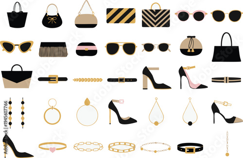 A collection of fashion accessories including handbags, sunglasses, jewelry, and high heels