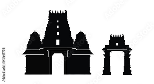 Detailed black silhouette of south indian temple architecture