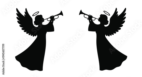 Two angels playing trumpets depicted in a striking black silhouette