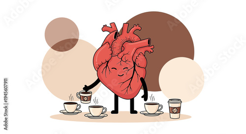 Cartoon Heart Character Enjoying Coffee Cups and Takeaway Drink